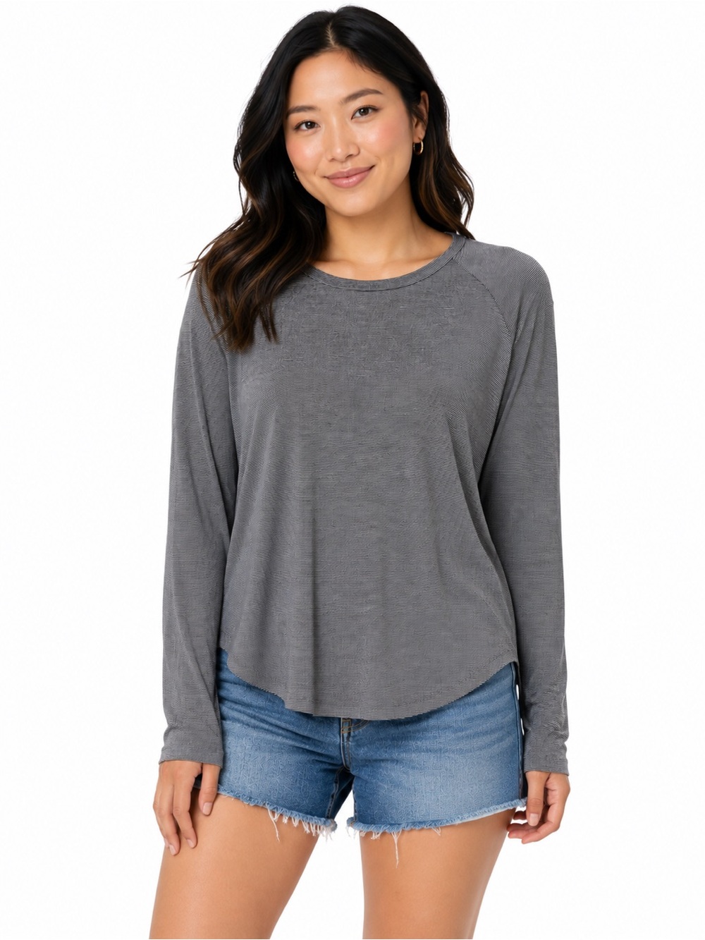 Halogen Gray Micro-Stripe Ruffle Hem Long Sleeve Top – Size Large